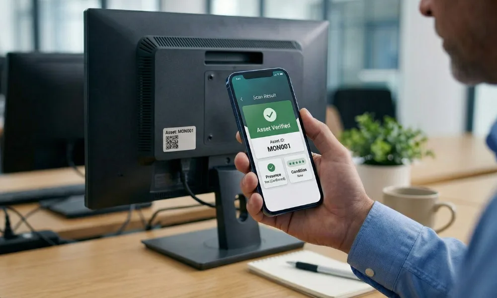 Person verifying asset with smartphone app